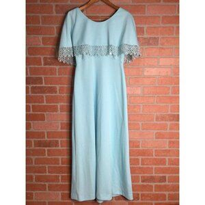Vintage Miss Rubette Maxi Dress Lace Trim Cape Overlay Blue Size 14